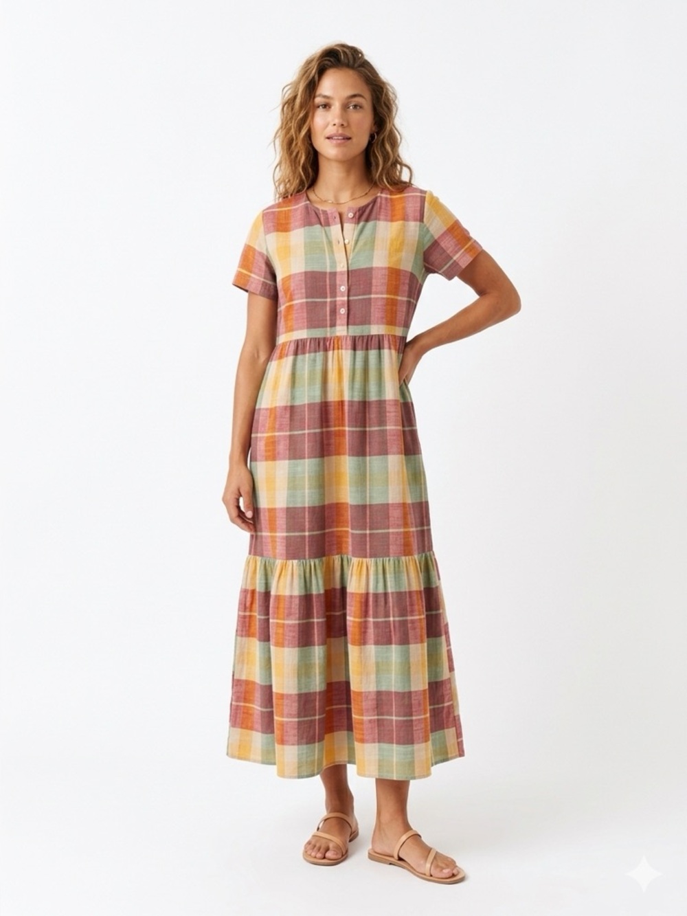 Ace & Jig Cotton Plaid Tiered Dress in Red, Yellow & Green